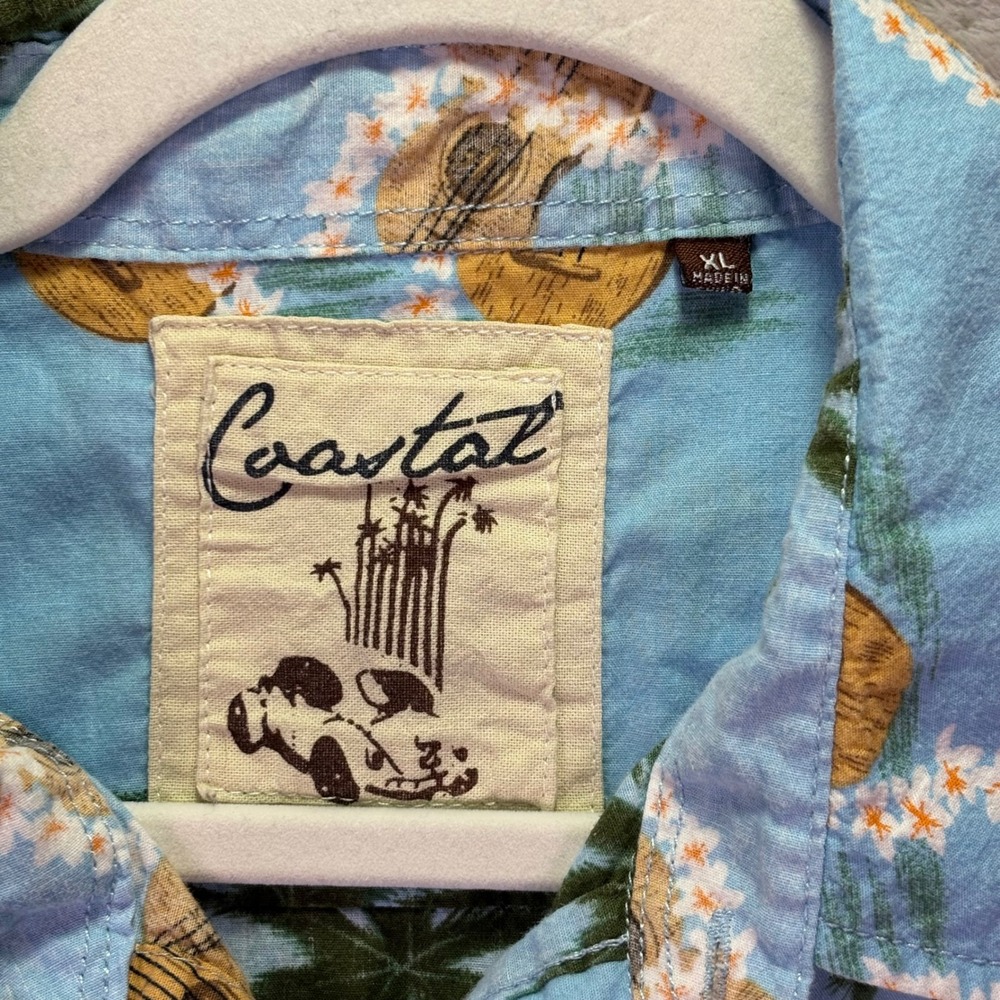 Coastal Mens Shirt Cotton Blue XL Ukulele Palm Tree Print Hawaiian Button Down - Picture 2 of 8
